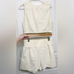 Cream Linen Blend 2 Piece Set Crop Tank Elastic Waist Shorts Pockets